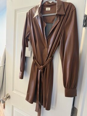 Aritzia Wilfred Cognac Faux Leather Shirt Dress